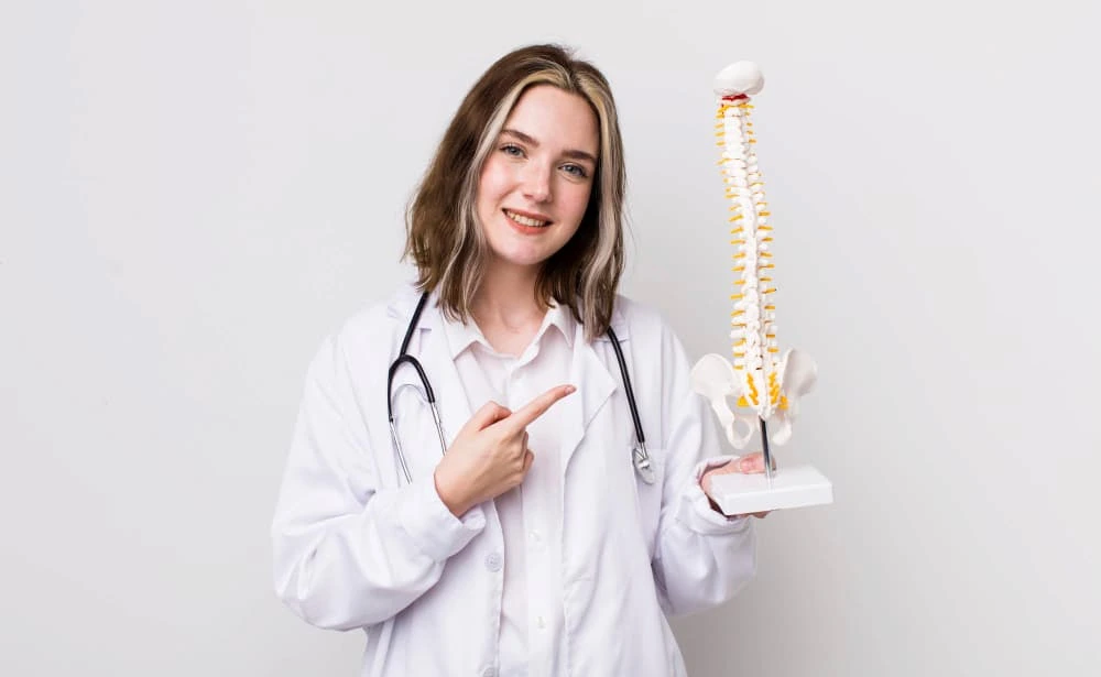 Female chiropractor reviewing spine model with patient